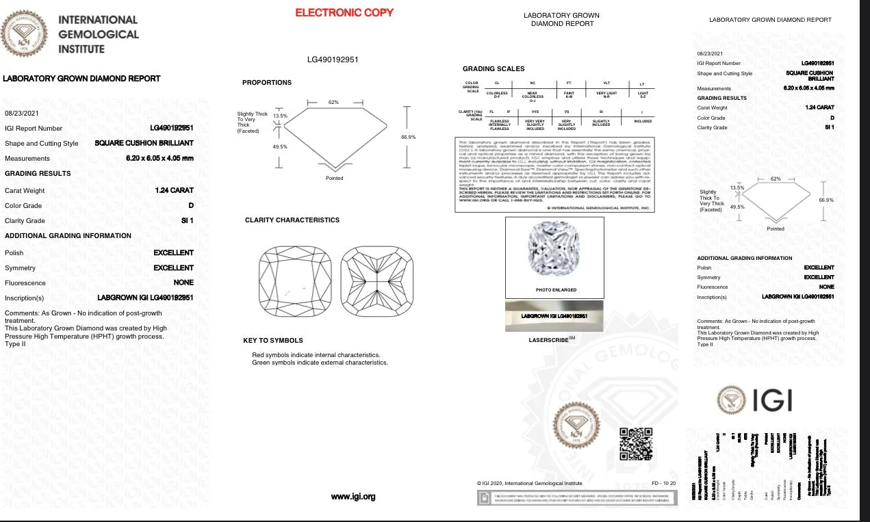 1.24ct D/SI1 Cushion Lab Created Diamond IGI#LG490192951