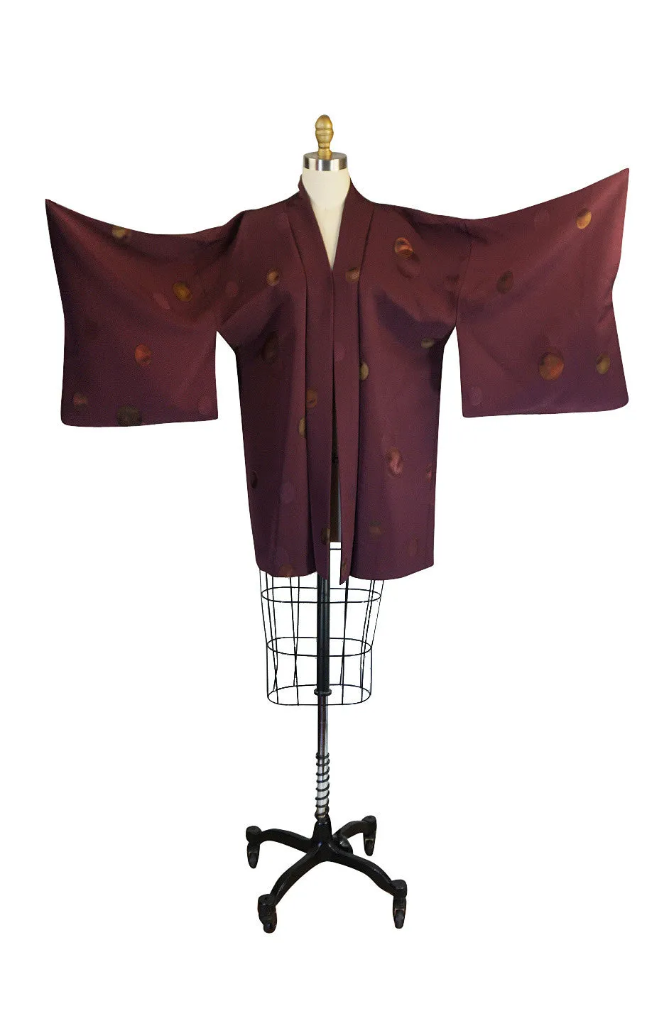 1950s Wine And Metaliic Copper Dot Silk Kimono