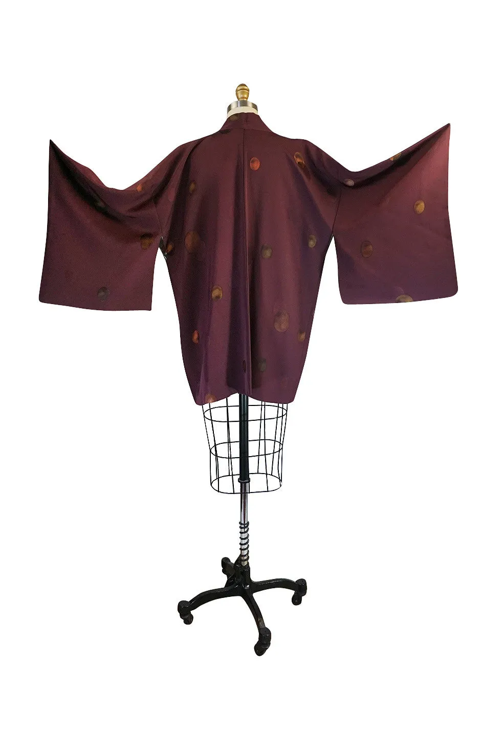 1950s Wine And Metaliic Copper Dot Silk Kimono