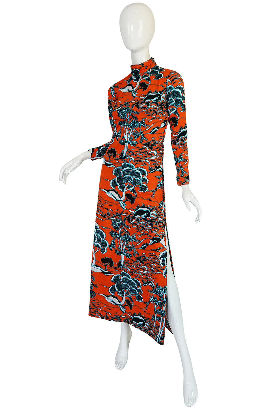 1960s Bright Coral Cheongsam Inspired Print Dress