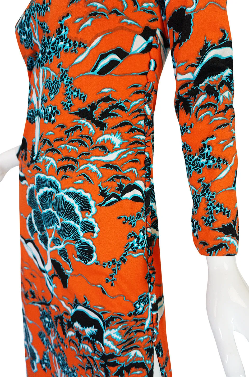 1960s Bright Coral Cheongsam Inspired Print Dress