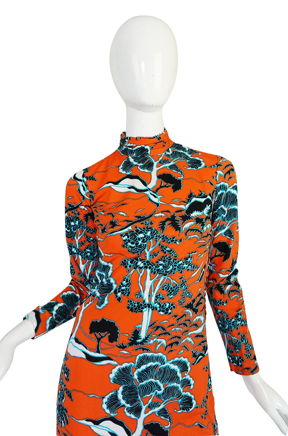 1960s Bright Coral Cheongsam Inspired Print Dress