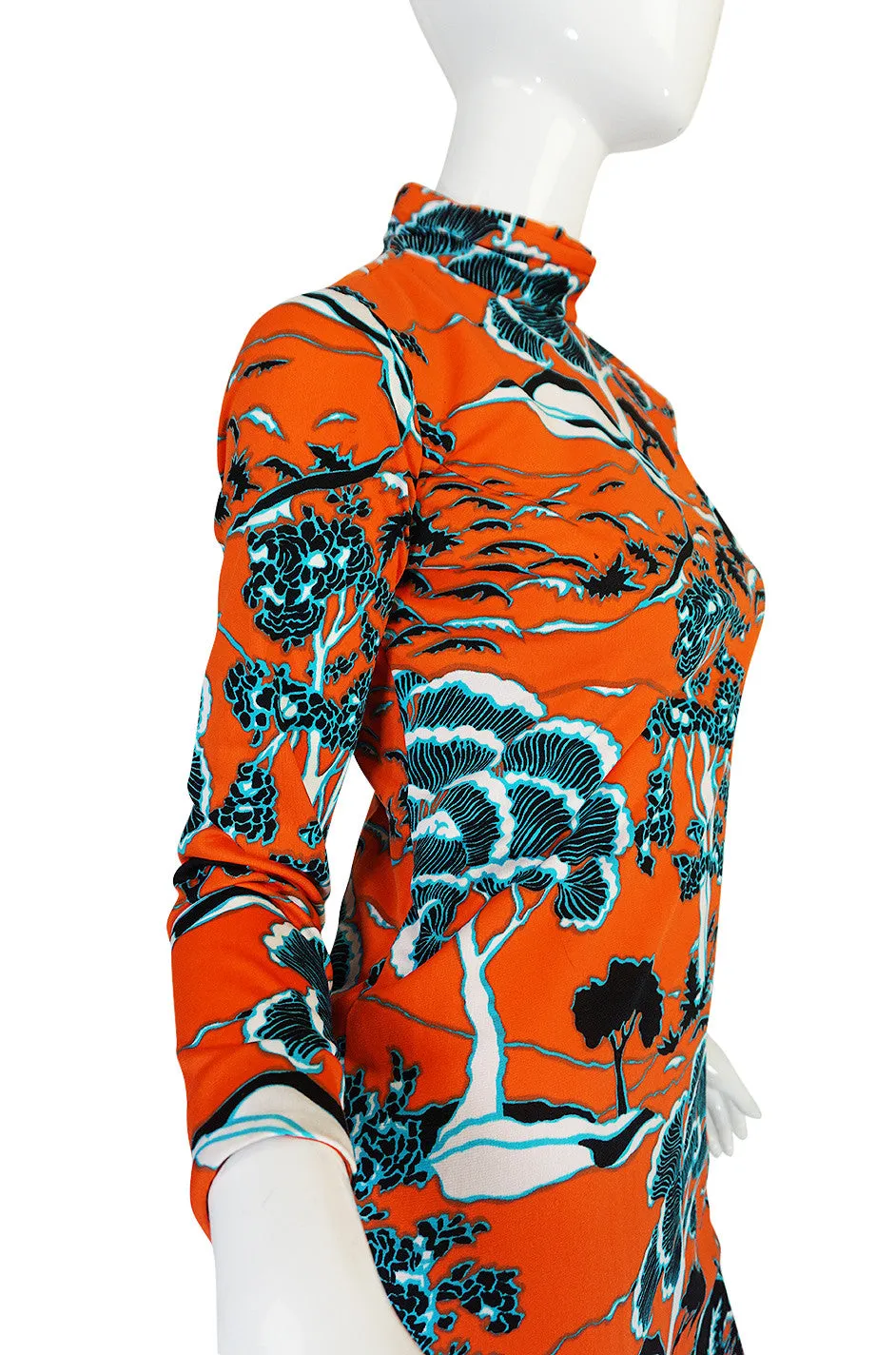 1960s Bright Coral Cheongsam Inspired Print Dress