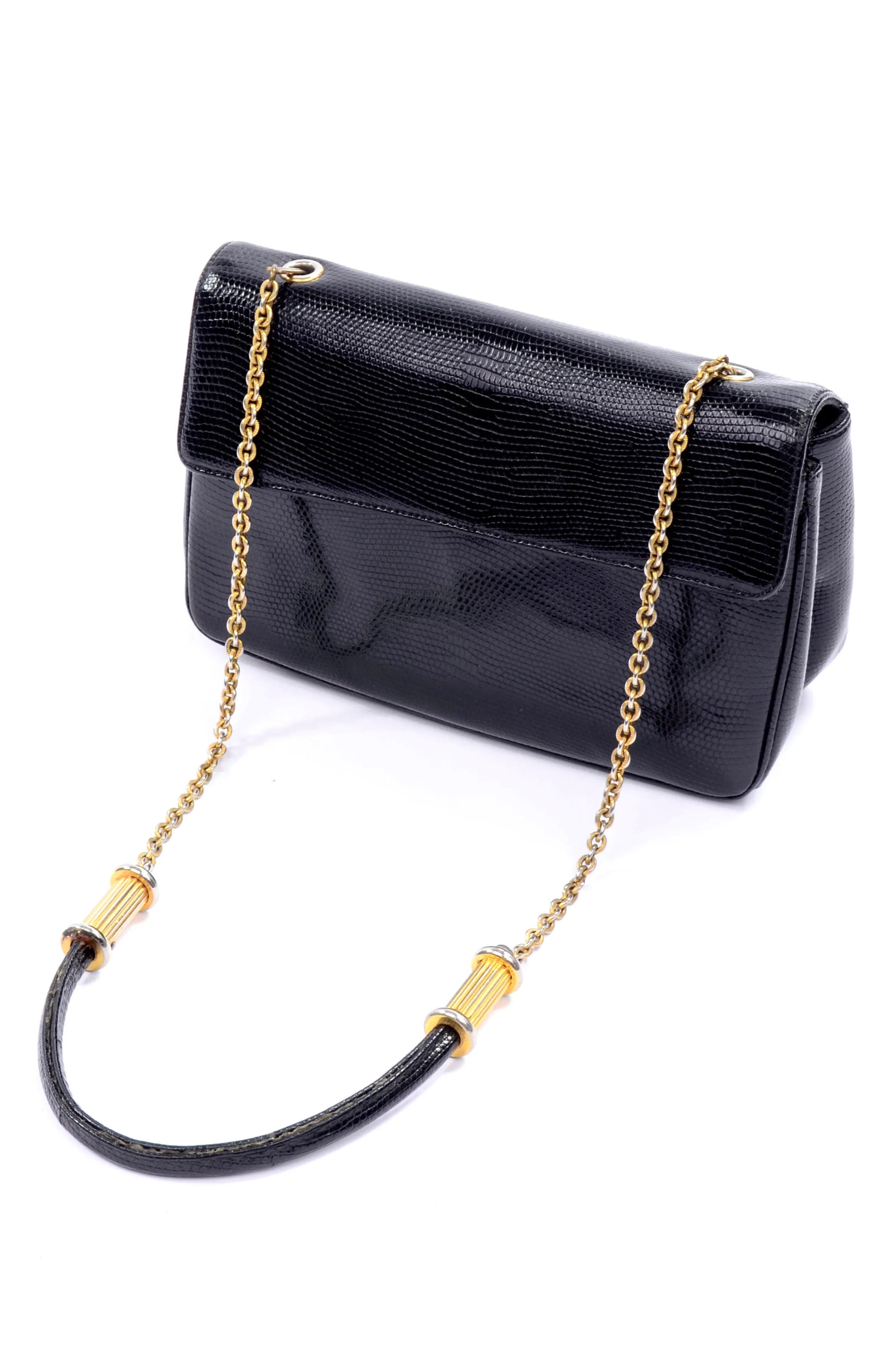 1960s Moris Moskowitz Black Leather Emossed Snakeskin Bag w/ Gold Chain