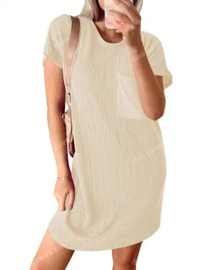 2024 Fashion Women's Summer Casual Wavy Striped Short Sleeve Pocket Dress