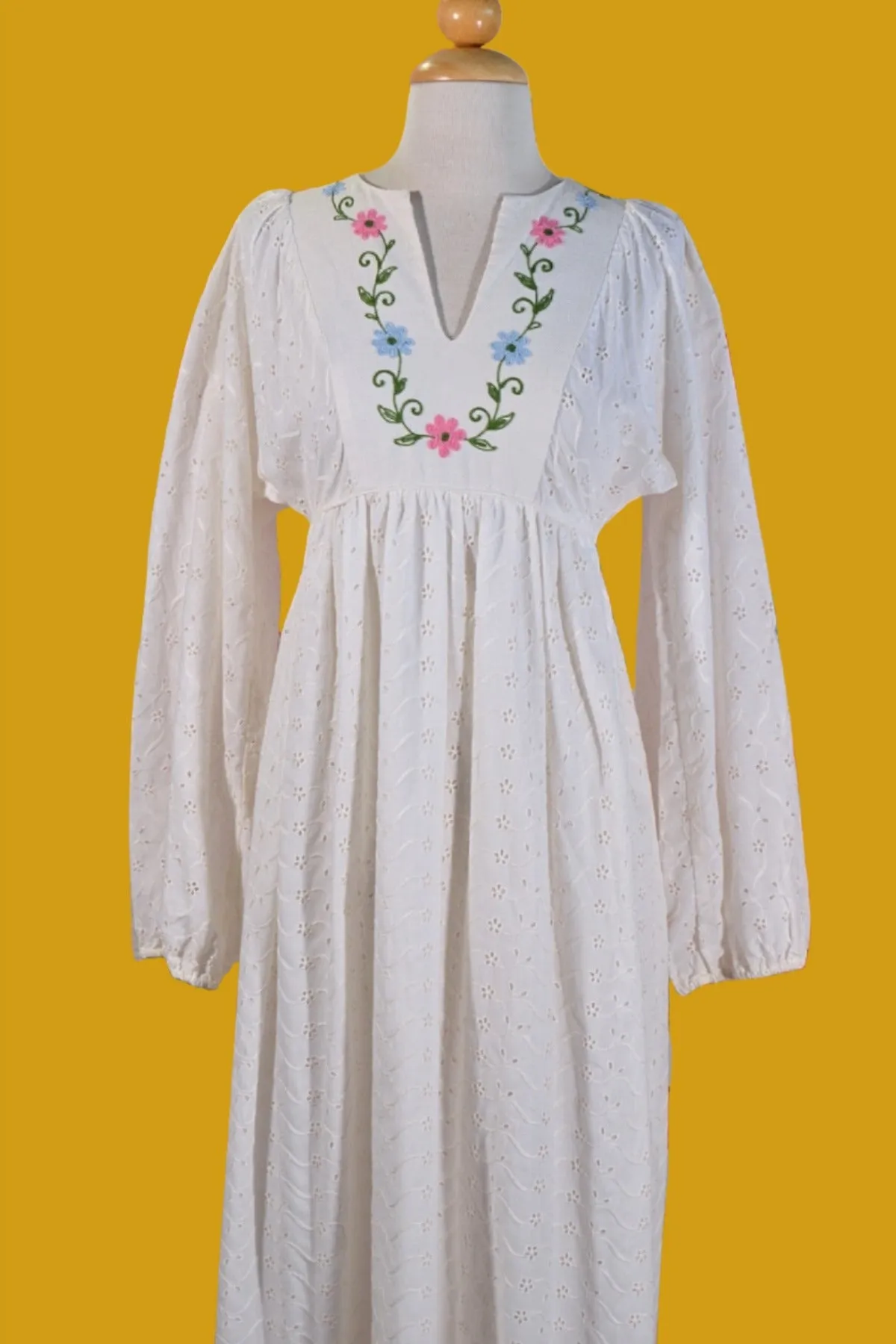 60s/70s White Lace Maxi Dress Embroidered Details, Boho Hippie Maxi Dress