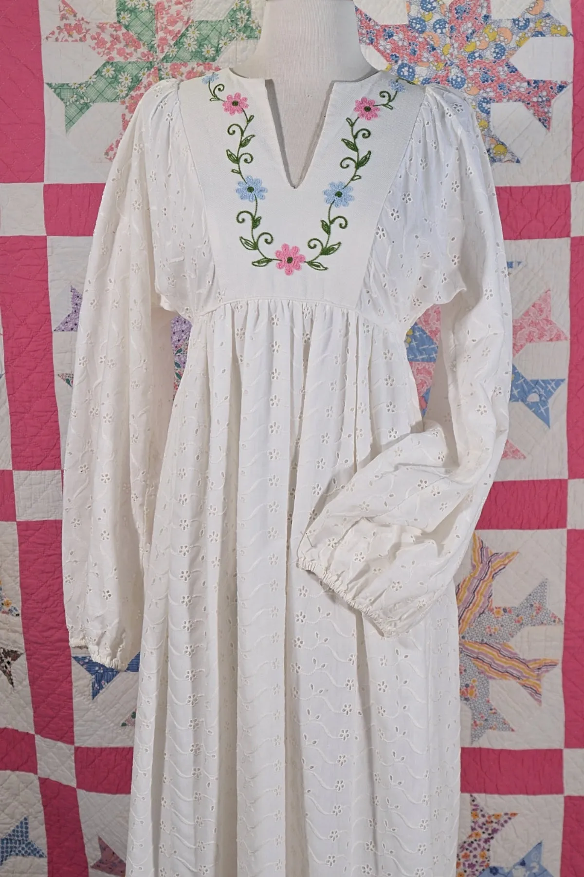 60s/70s White Lace Maxi Dress Embroidered Details, Boho Hippie Maxi Dress