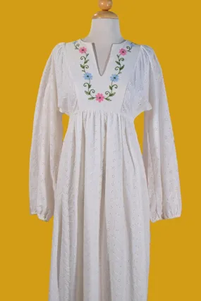 60s/70s White Lace Maxi Dress Embroidered Details, Boho Hippie Maxi Dress