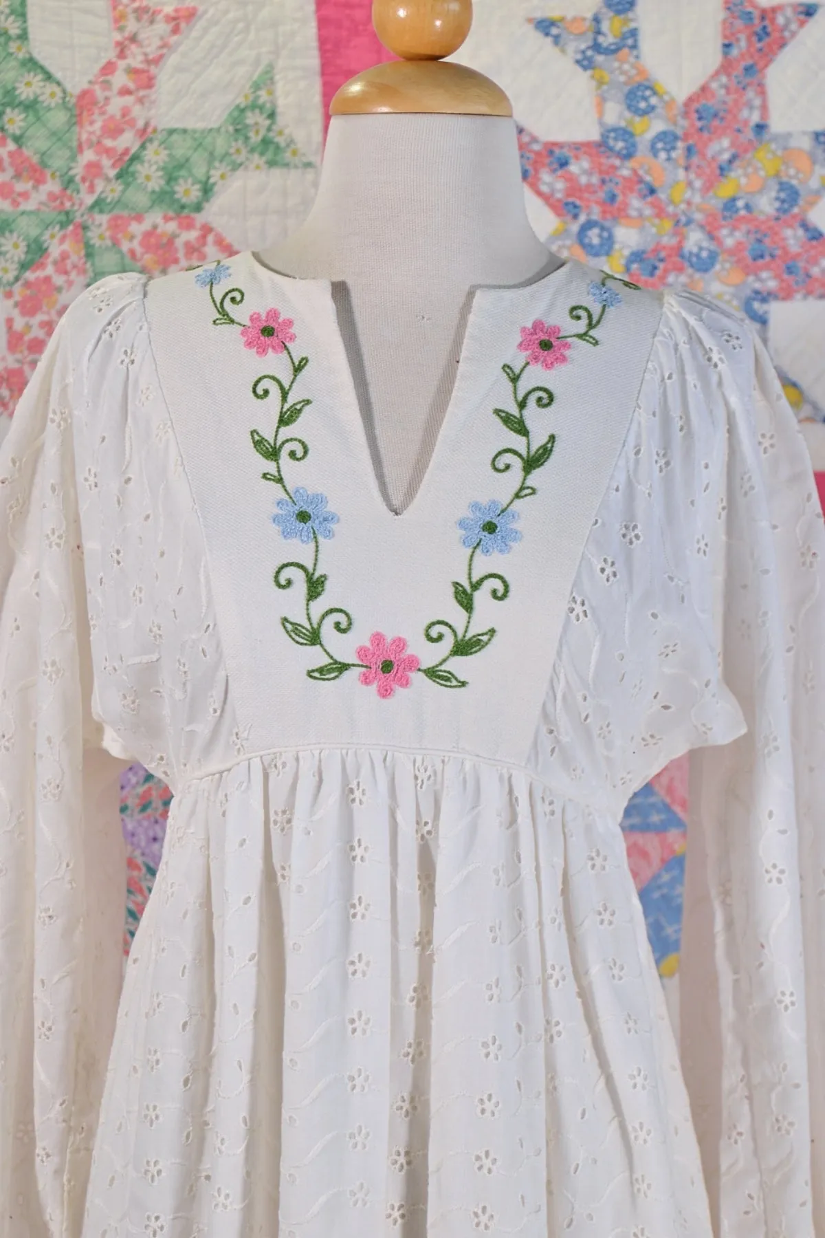 60s/70s White Lace Maxi Dress Embroidered Details, Boho Hippie Maxi Dress