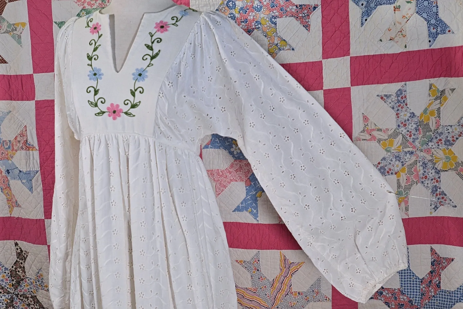 60s/70s White Lace Maxi Dress Embroidered Details, Boho Hippie Maxi Dress