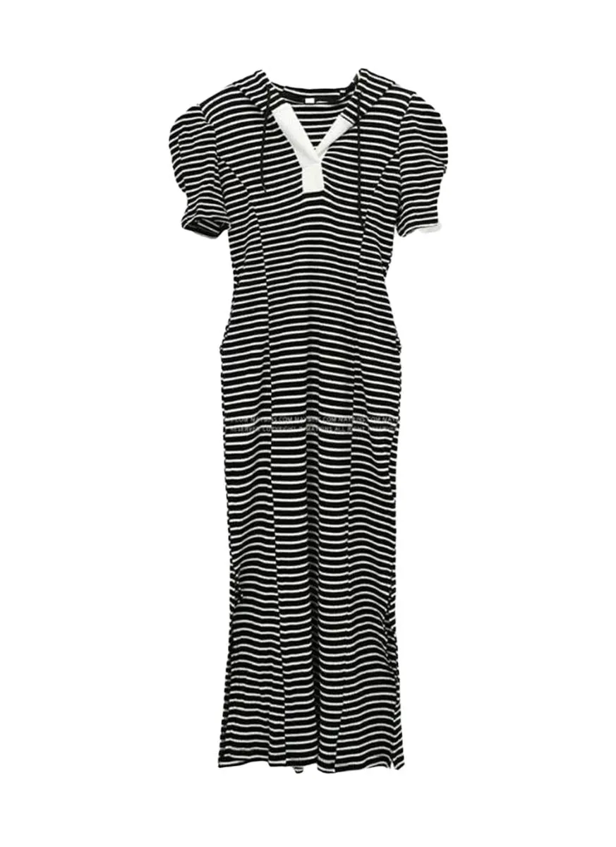 8240038 Puff Sleeve Striped Hooded Dress