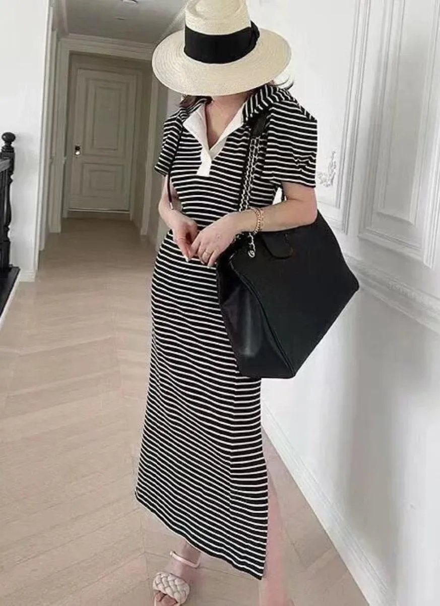 8240038 Puff Sleeve Striped Hooded Dress