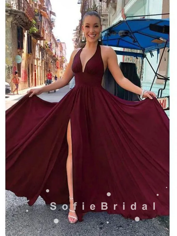 A-Line Deep V-Neck Split Side Cheap Long Prom Dresses,SFPD0037