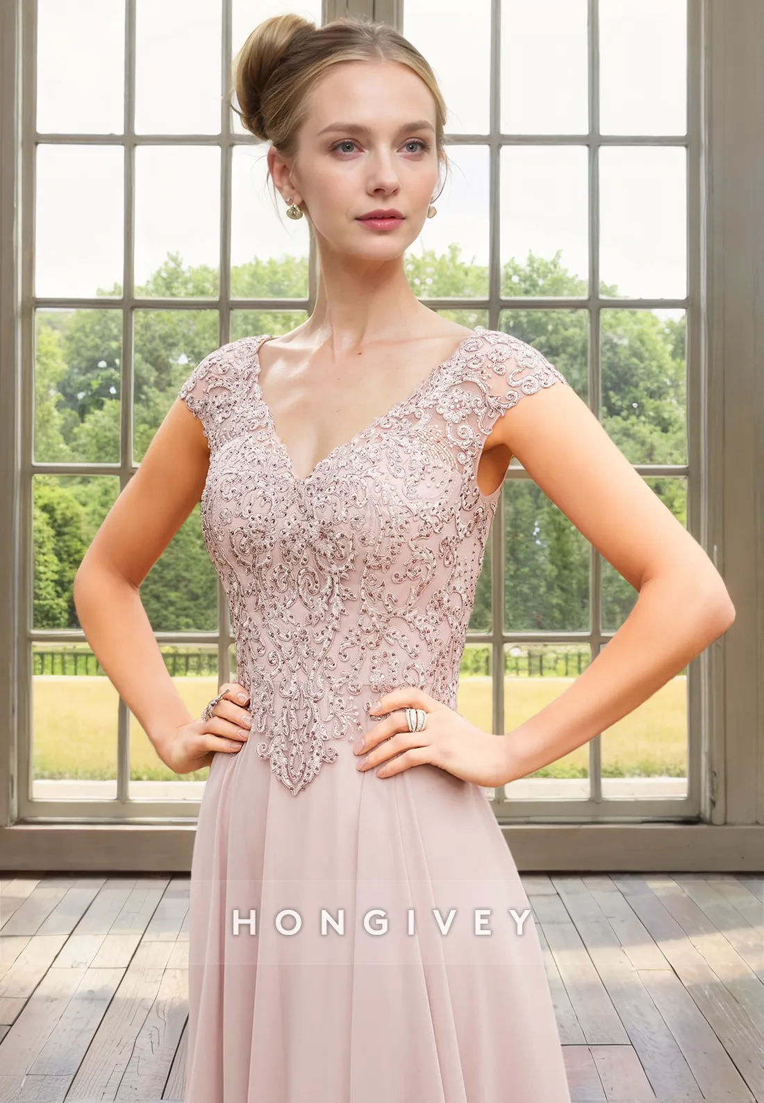 A-Line Empire V-Neck Cap Sleeve Lace Applique Mother of the Bride Dress