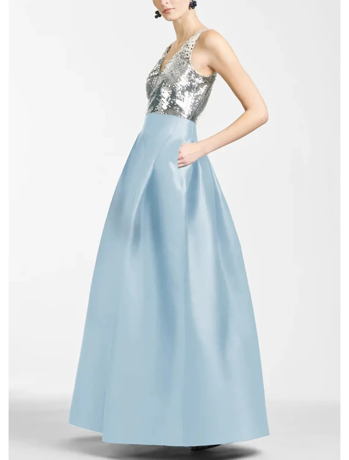 A-Line Evening Gown Color Block Dress Formal Prom Floor Length Sleeveless V Neck Satin with Sequin Slit