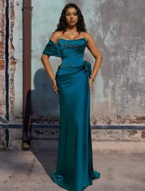 A-Line Evening Gown Sleeveless Strapless Satin with Rhinestone Slit