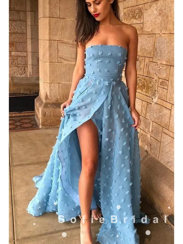 A-Line Strapless Split Side Blue Long Prom Dresses With Flowers,SFPD0006