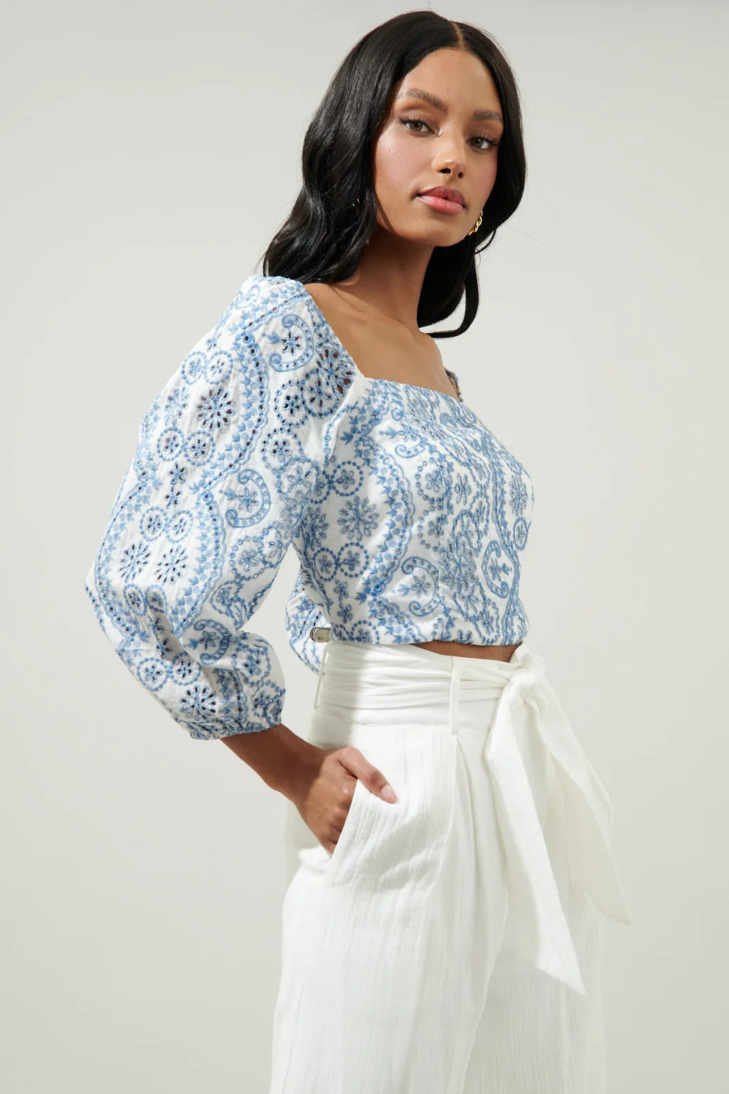 Adelaide Border Print Eyelet Square Neck Blouse