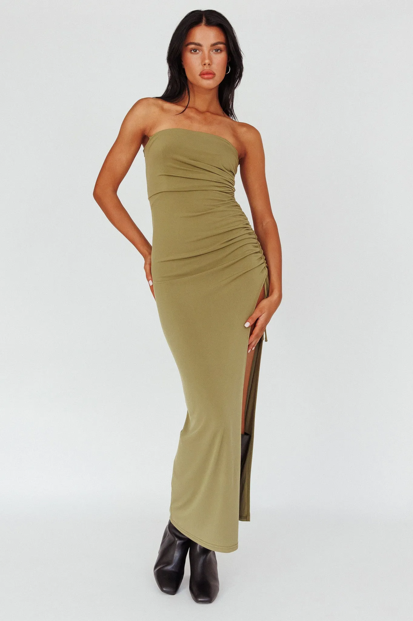 Affections Drawstring Ruched Split Maxi Dress Khaki