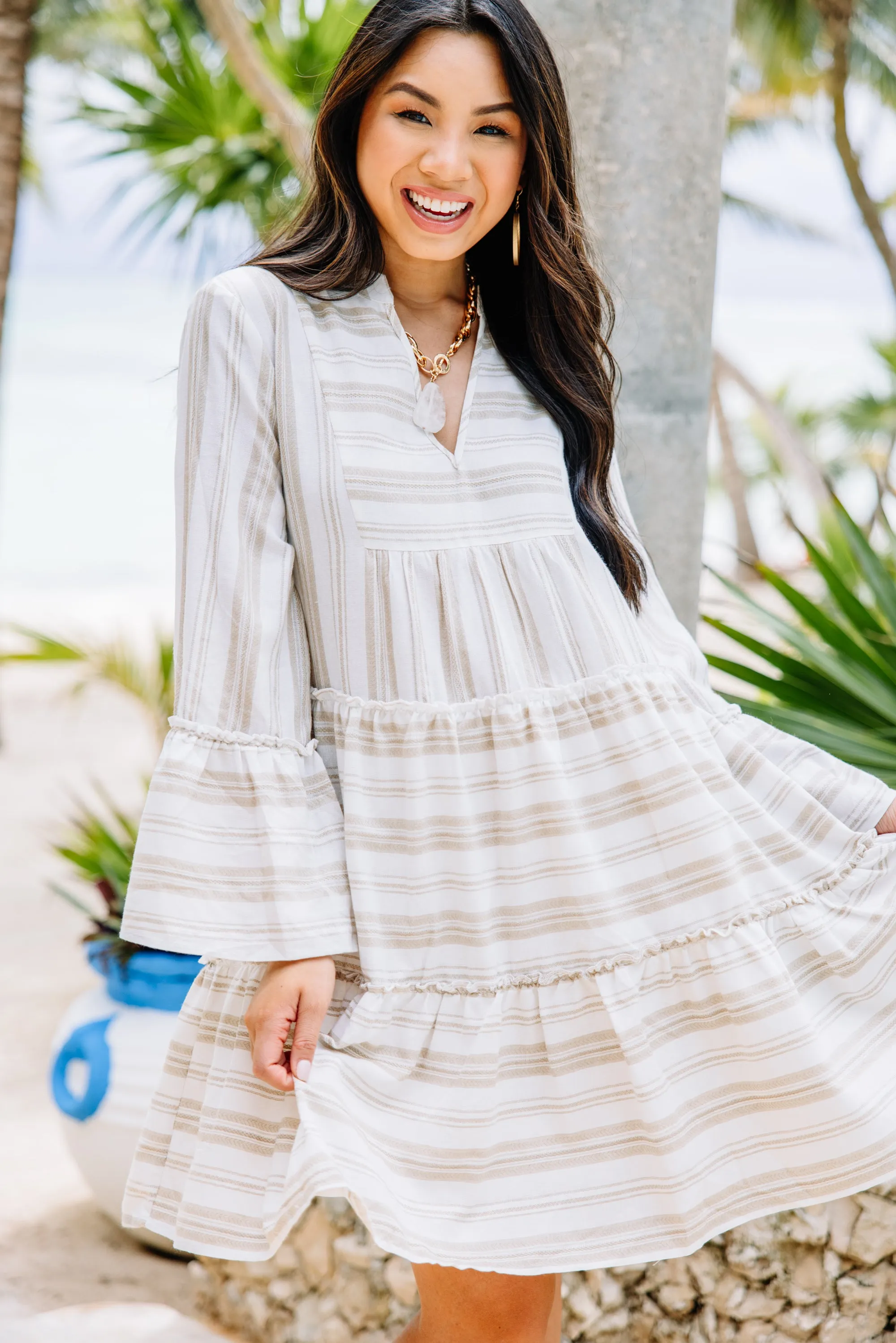 All The Above Taupe Brown Striped Tiered Dress