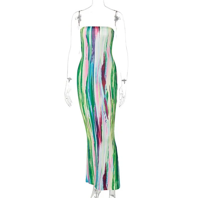 Amy Fashion - Colorful Strapless Maxi Bodycon Dress