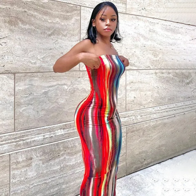 Amy Fashion - Colorful Strapless Maxi Bodycon Dress