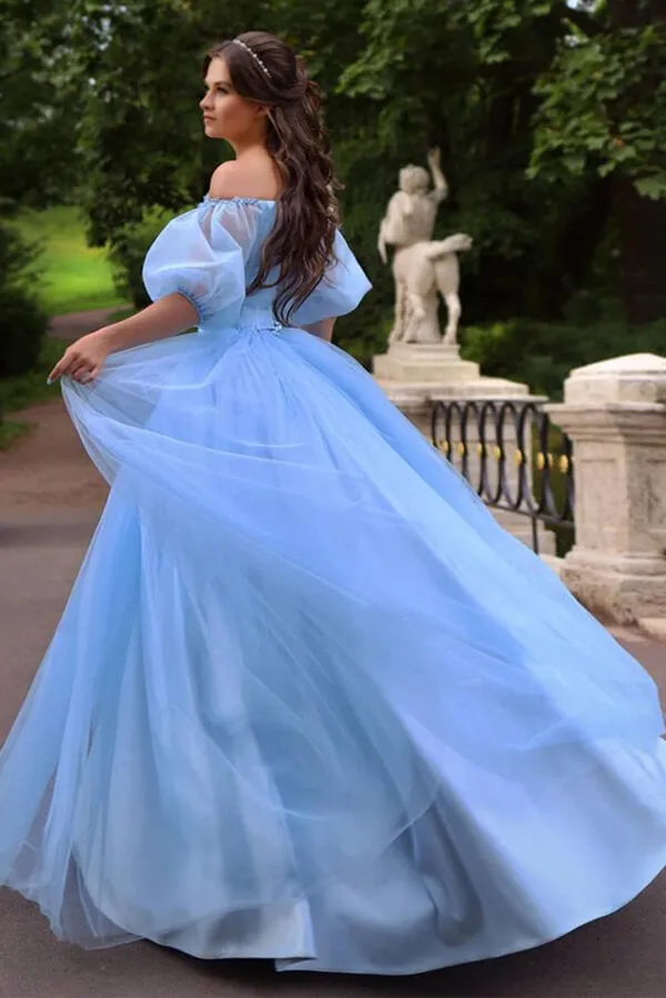 Baby Blue Tulle A-line Floral Princess Off-the-Shoulder Long Prom Dresses, SP751