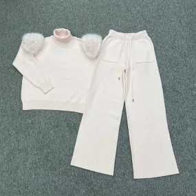 Baby Pink Faux Fur Shoulder Wide Leg Tracksuit