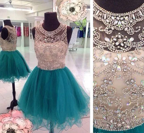 Beaded Jewel Neck Tulle Crystal Illusion Mini Graduation Dress, Homecoming Dress, SH496