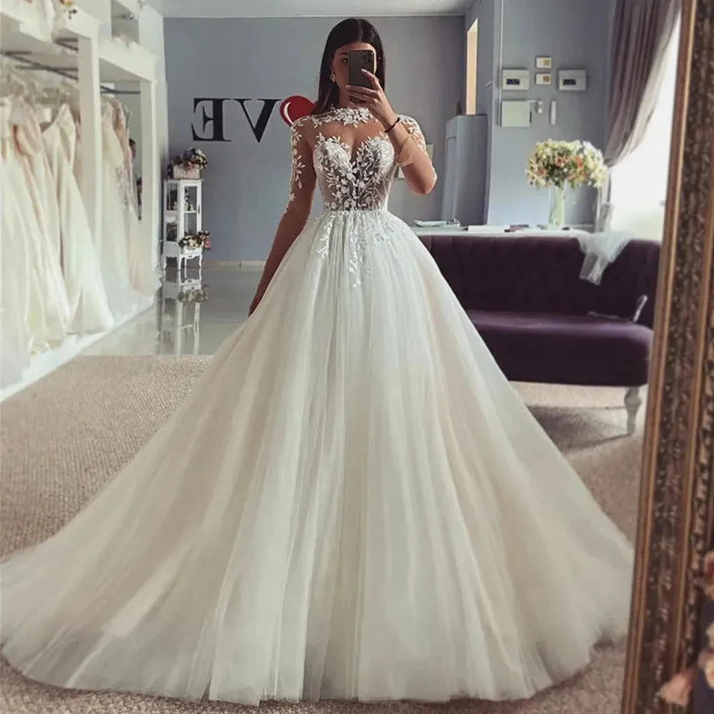 Beautiful A Line Wedding Dresses Gorgeous Lace Appliques Slimming Beautiful Fluffy Princess Style Mopping Beach Bridal Gown 2024