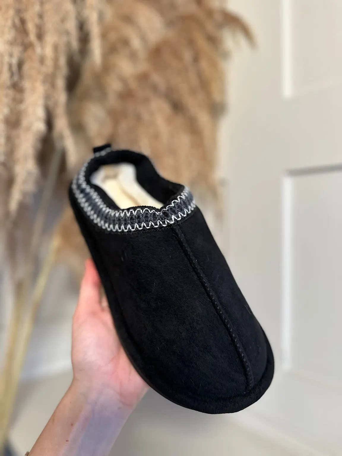 Black Embroidered Trim Fluffy Slip Ons