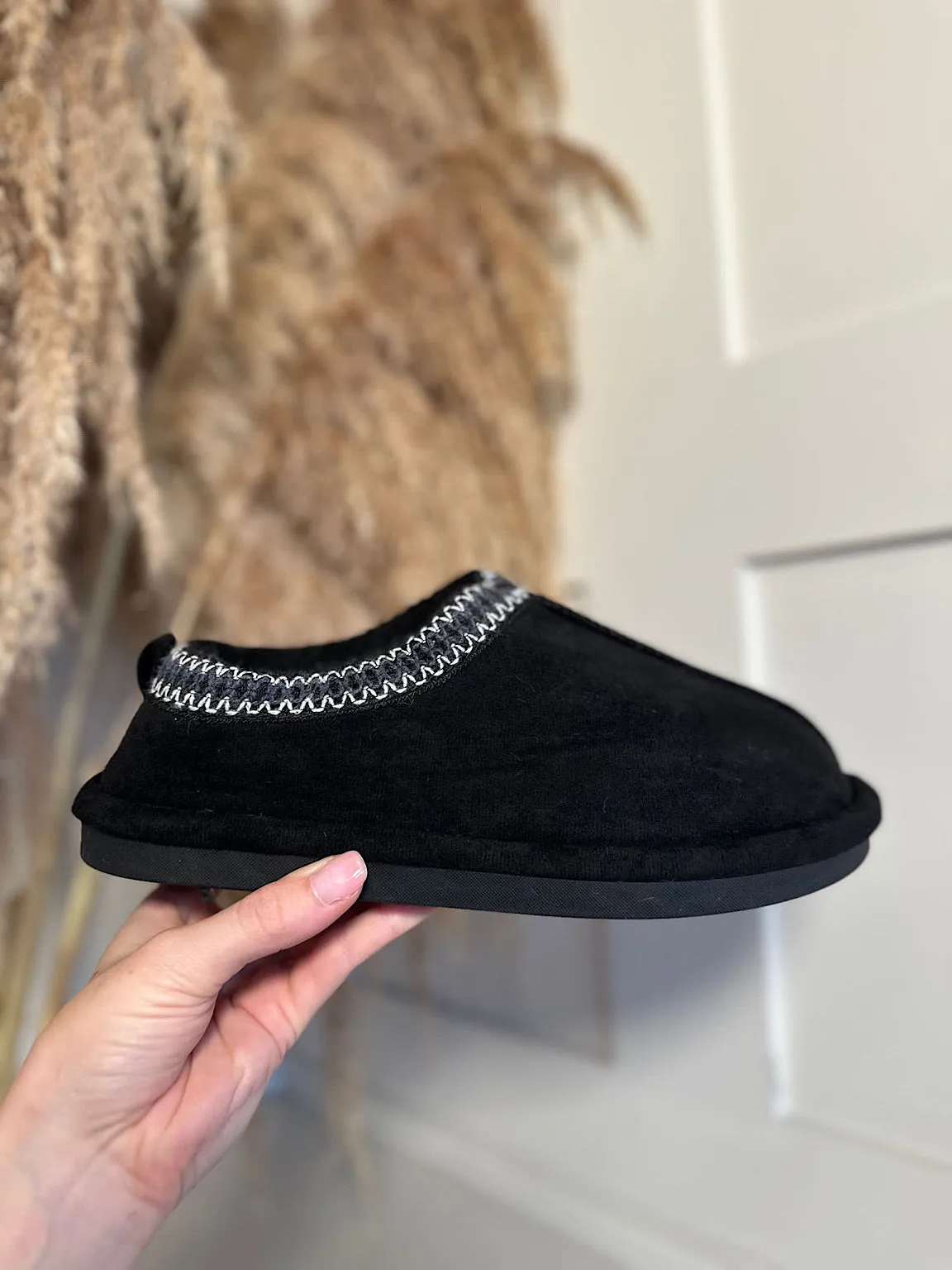 Black Embroidered Trim Fluffy Slip Ons