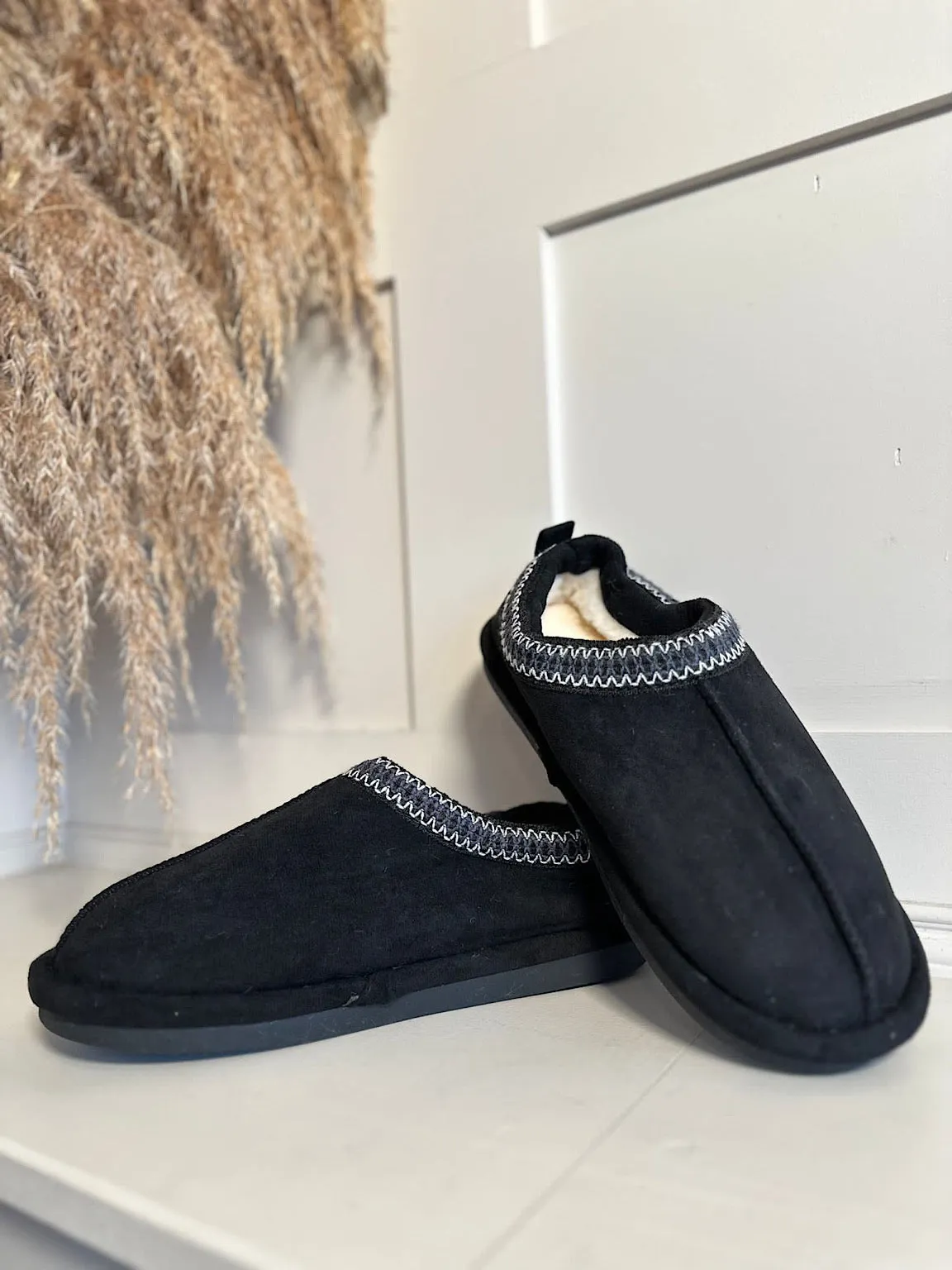 Black Embroidered Trim Fluffy Slip Ons