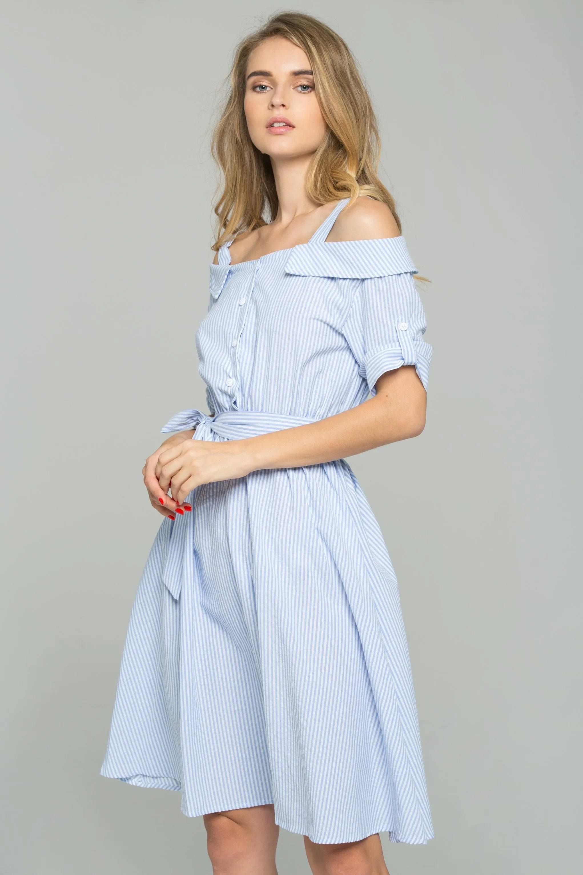 Blue and White Striped Ribbon Strap Cold-Shoulder Collared Shirt Dress