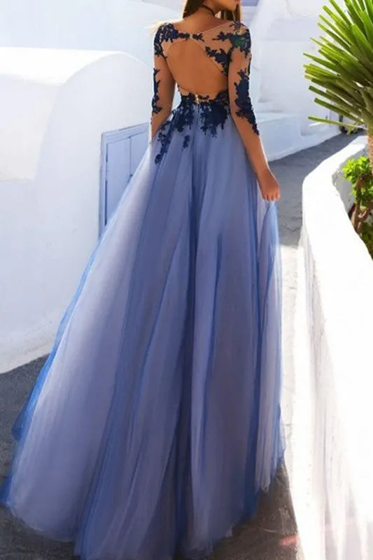 Blue Lace Long Sleeve Open Back See Through Long Evening Prom Dresses, M199