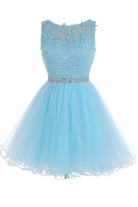 Blue Zipper-up Scoop Short Tulle Homecoming Dresses, Short Prom Dresses,SVD1564