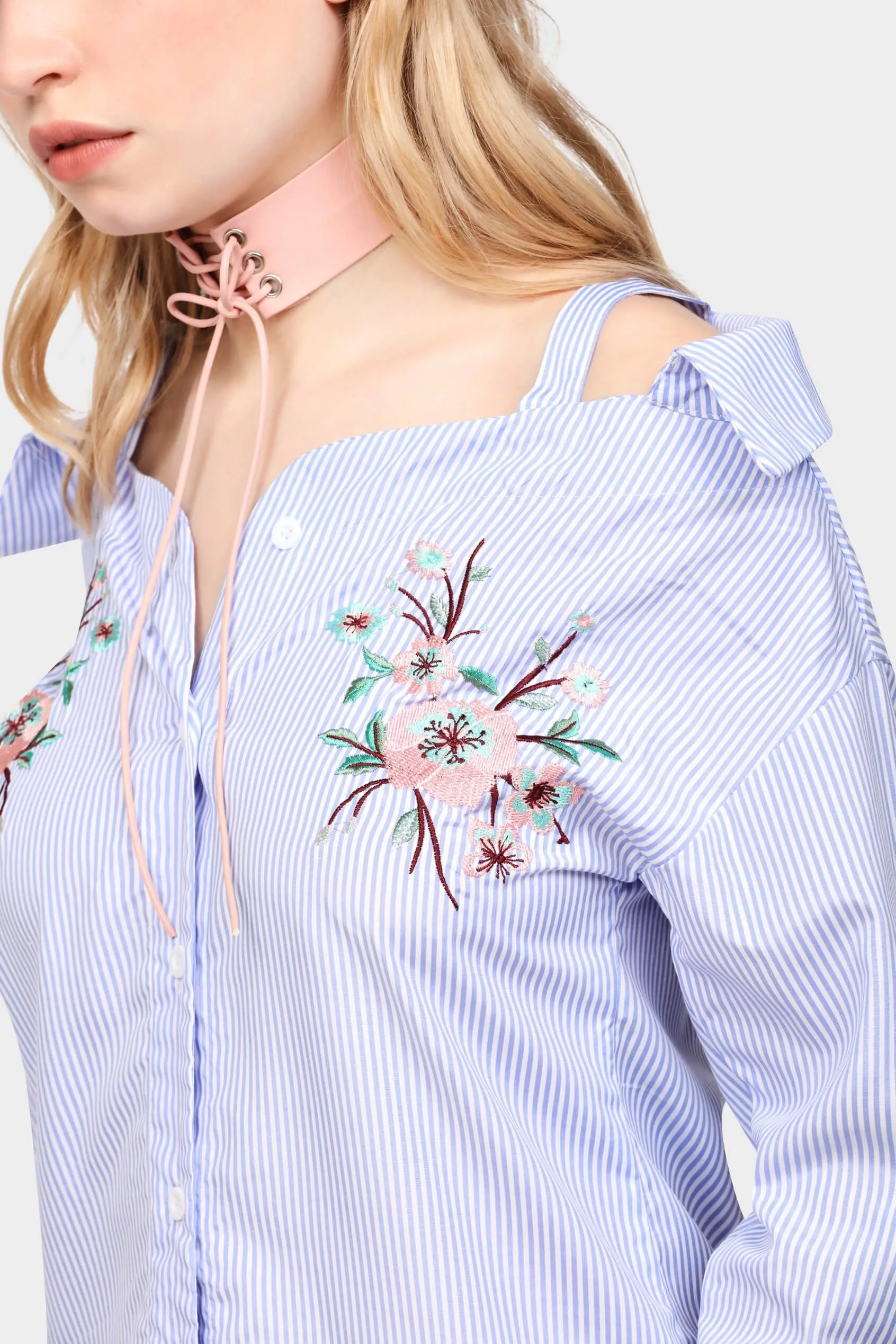 Blue/White Bardot Embroidered Shirt Dress