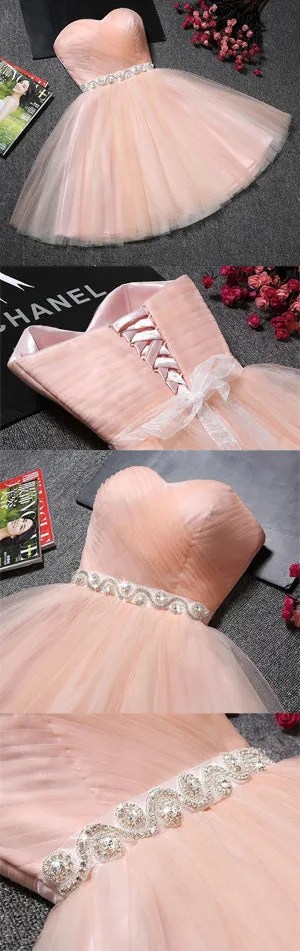 Blush Pink Tulle Strapless Sweetheart Neck Homecoming Dress, Short Prom Dresses, SH400