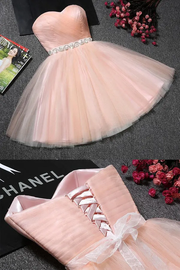 Blush Pink Tulle Strapless Sweetheart Neck Homecoming Dress, Short Prom Dresses, SH400