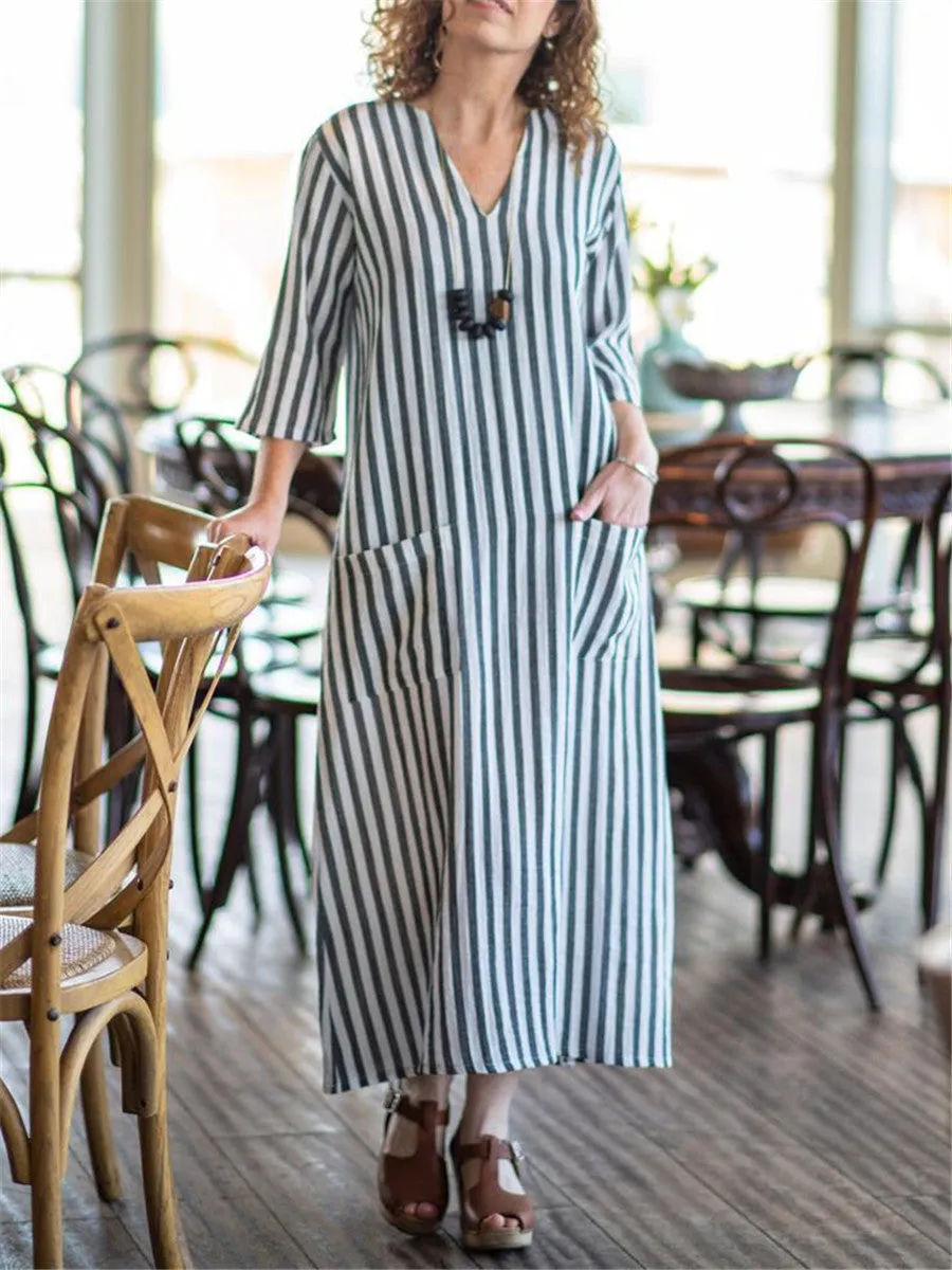 Bohemia Casual Loose Linen Striped Pocket Dress