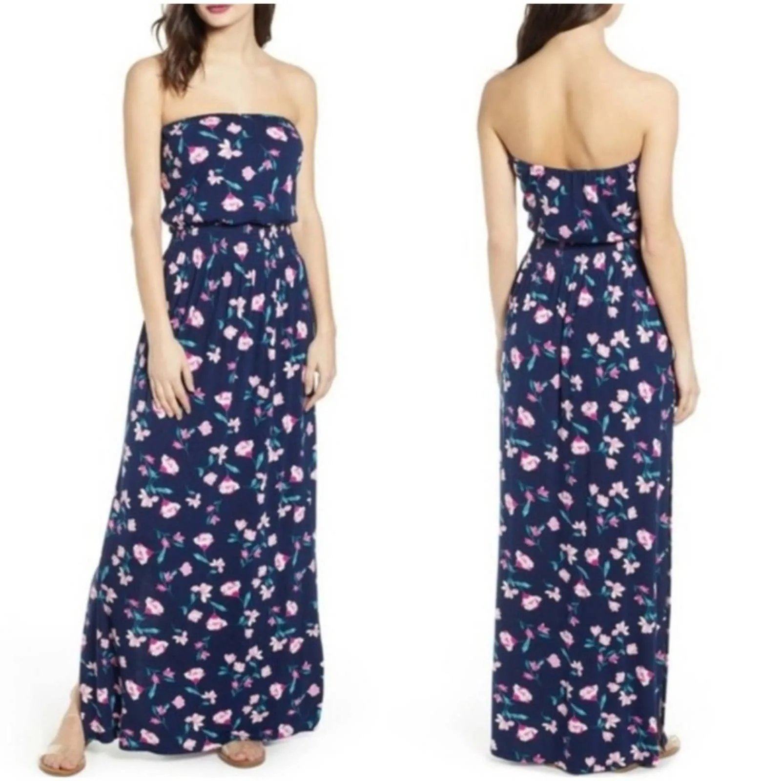 BP Nordstrom Navy Floral Strapless Maxi Dress L