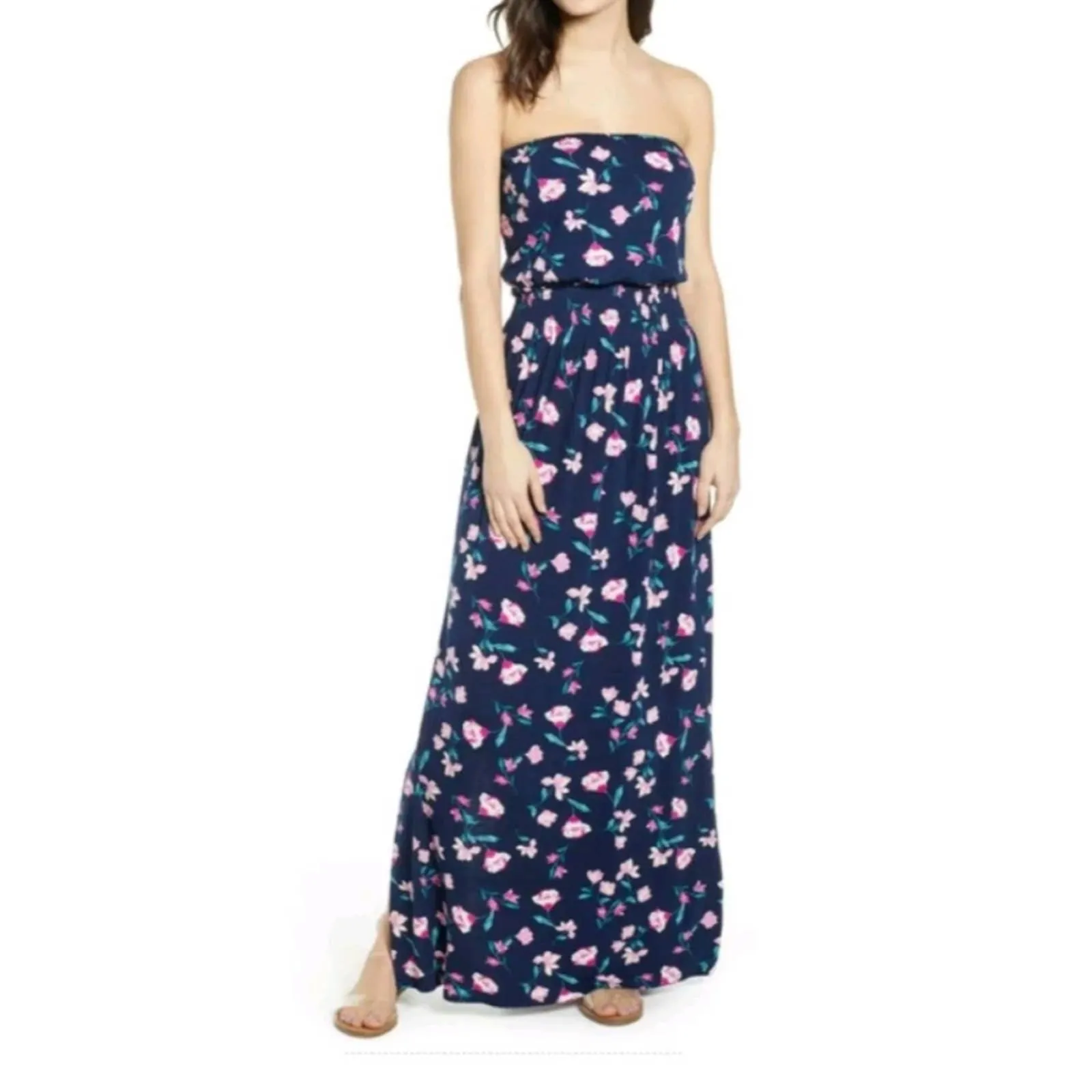 BP Nordstrom Navy Floral Strapless Maxi Dress L