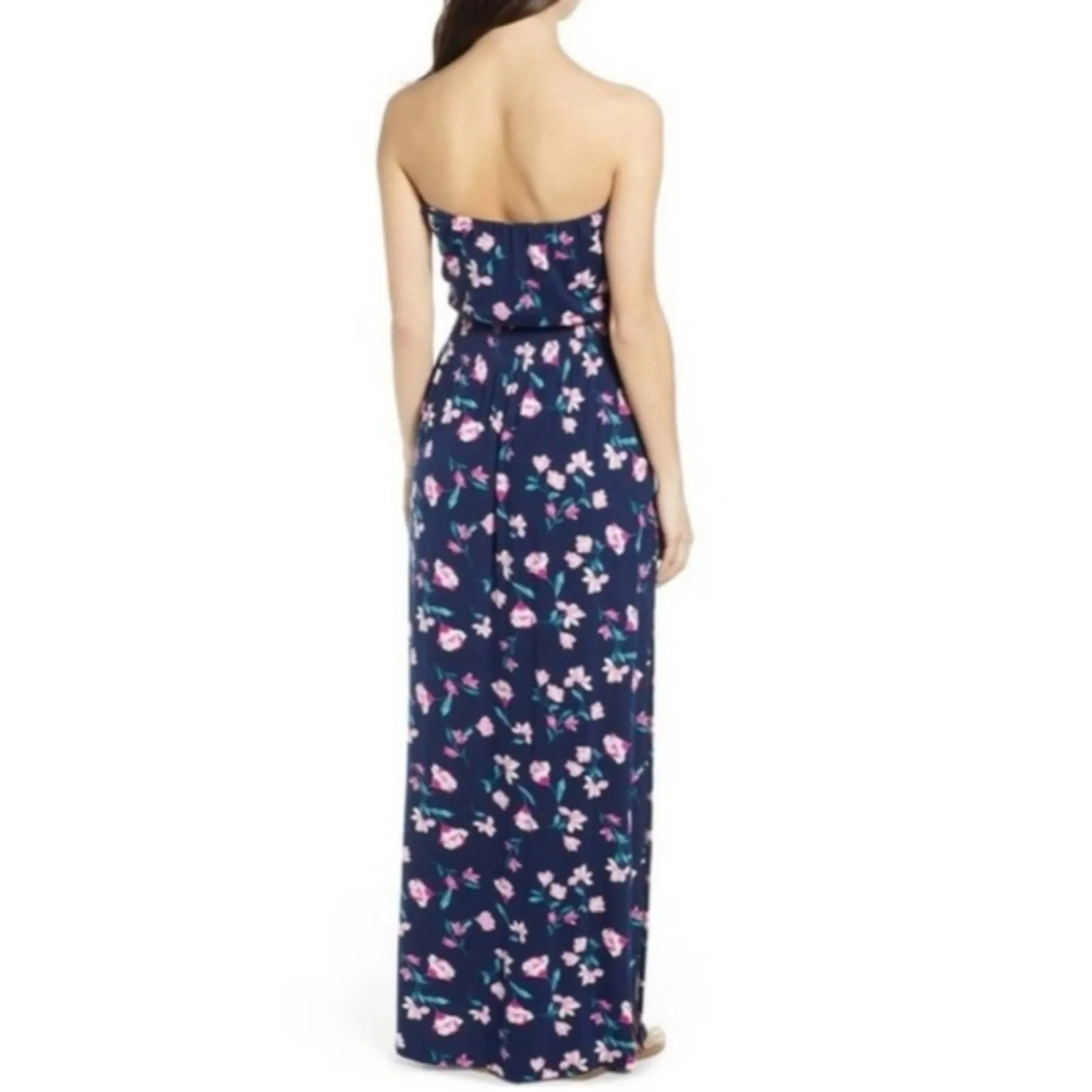 BP Nordstrom Navy Floral Strapless Maxi Dress L