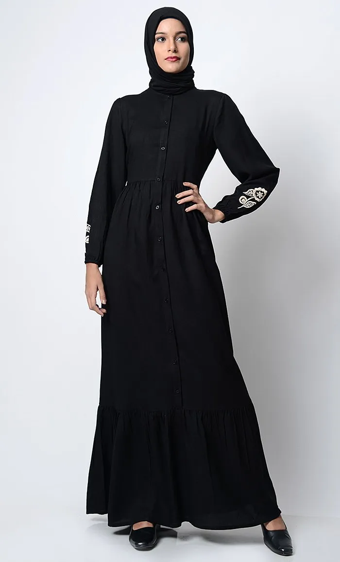 Bright Floral Embroidered Front Open Abaya