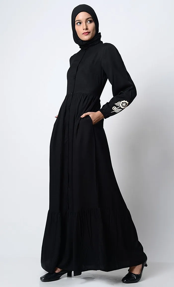 Bright Floral Embroidered Front Open Abaya