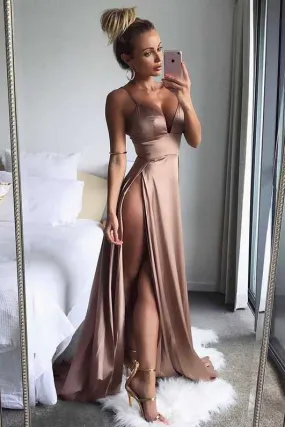 Brown Satin Thigh-High Slit Deep V Neck Spaghetti Straps Long Prom Dress, M186