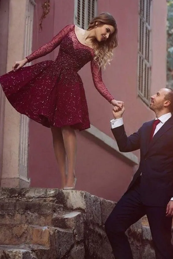 Burgundy Beaded Homecoming Dress, Long Sleeves Short Prom Dress,SH86