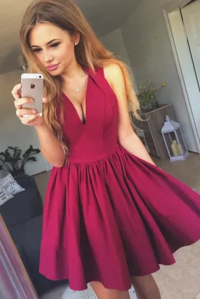 Burgundy Deep V Neck Homecoming Dress,Sleeveless Short Prom Dress, SH245