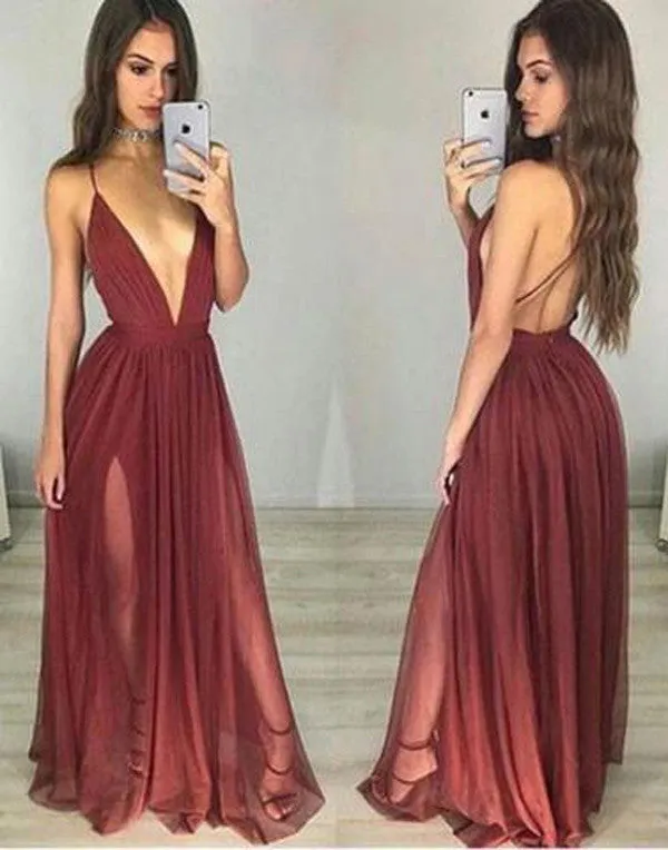 Burgundy Simple V neck Tulle  Long Prom Dress,Party Dresses for Girls,Evening Dress,M74