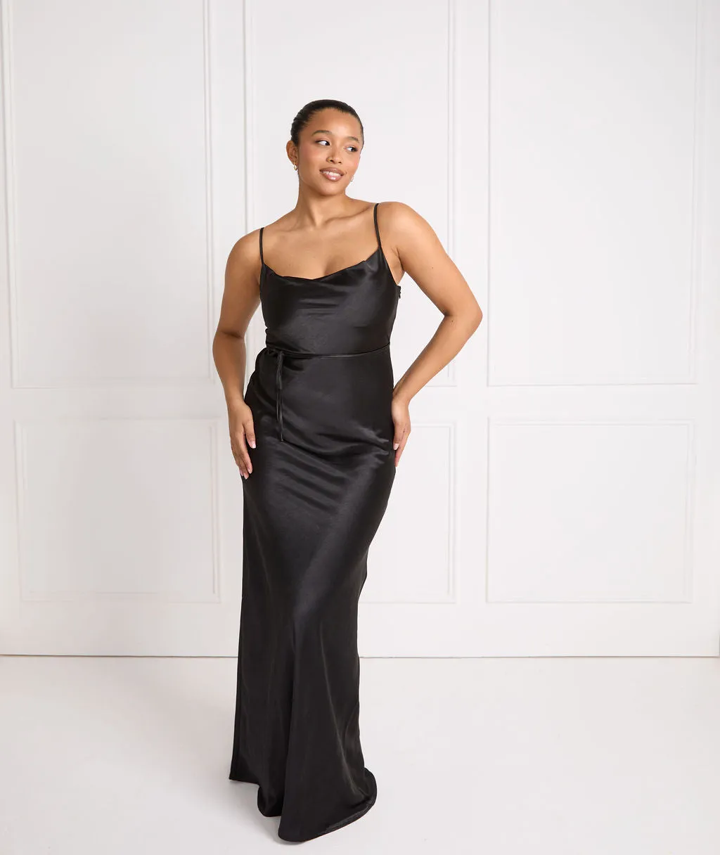 Cami Cowl Front Satin Bridesmaid Dress - Black